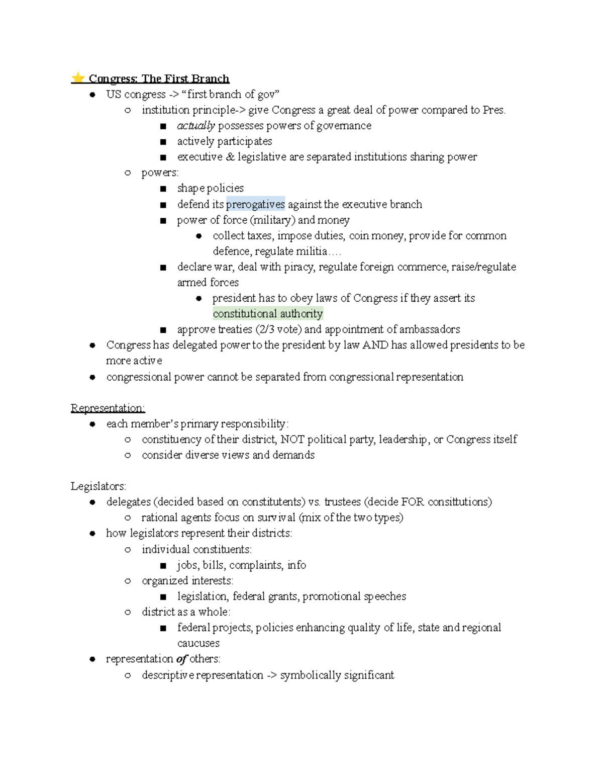 Exam 1 Study Guide - ⭐ Congress: The First Branch US congress ->