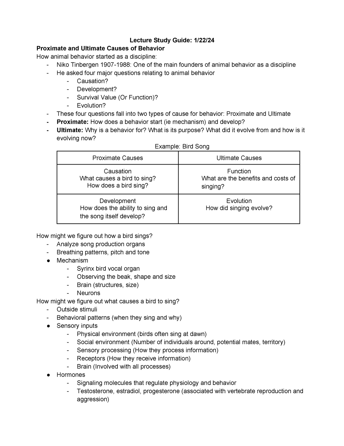 An behave 1 - Exam 1 study guide - Lecture Study Guide: 1/22/ Proximate ...