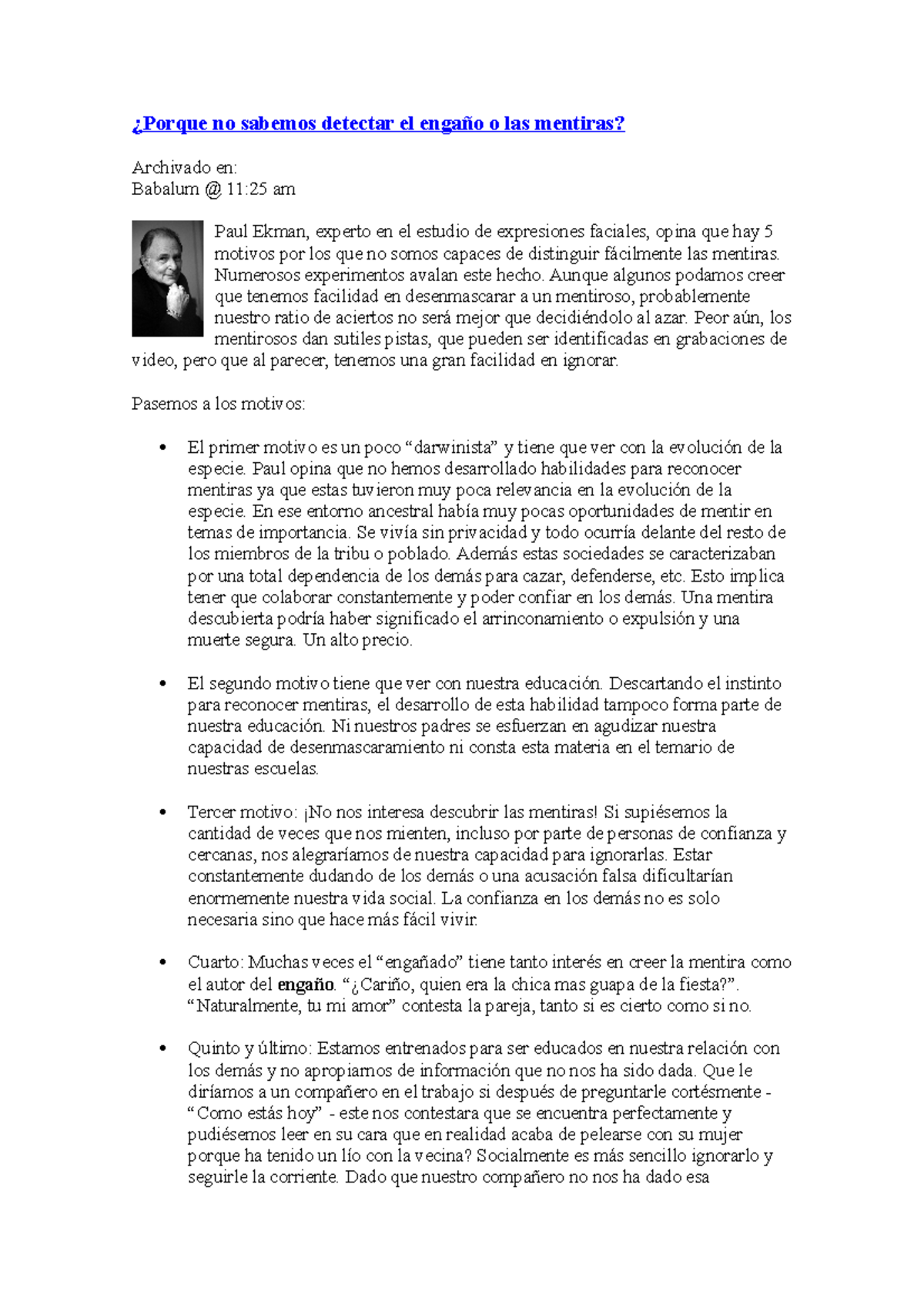 Porque no sabemos detectar el engaño - Numerosos experimentos avalan ...