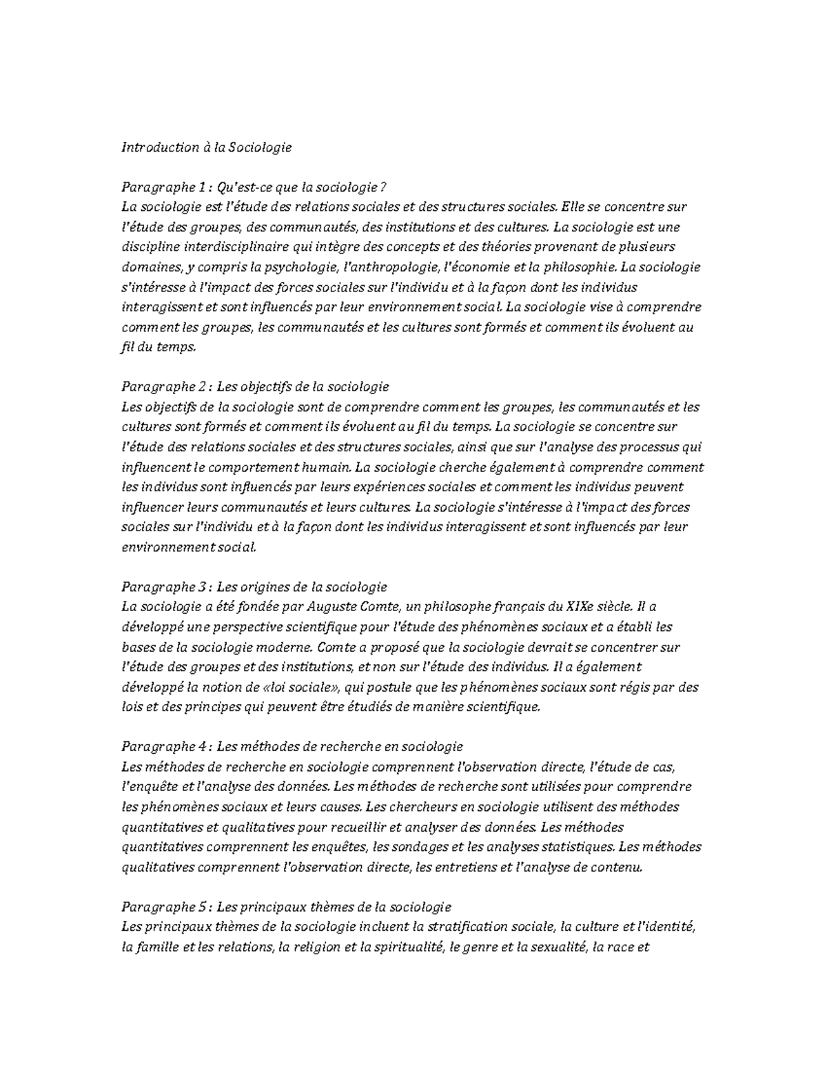 Introduction to Sociology Notes de cours - Introduction à la Sociologie ...