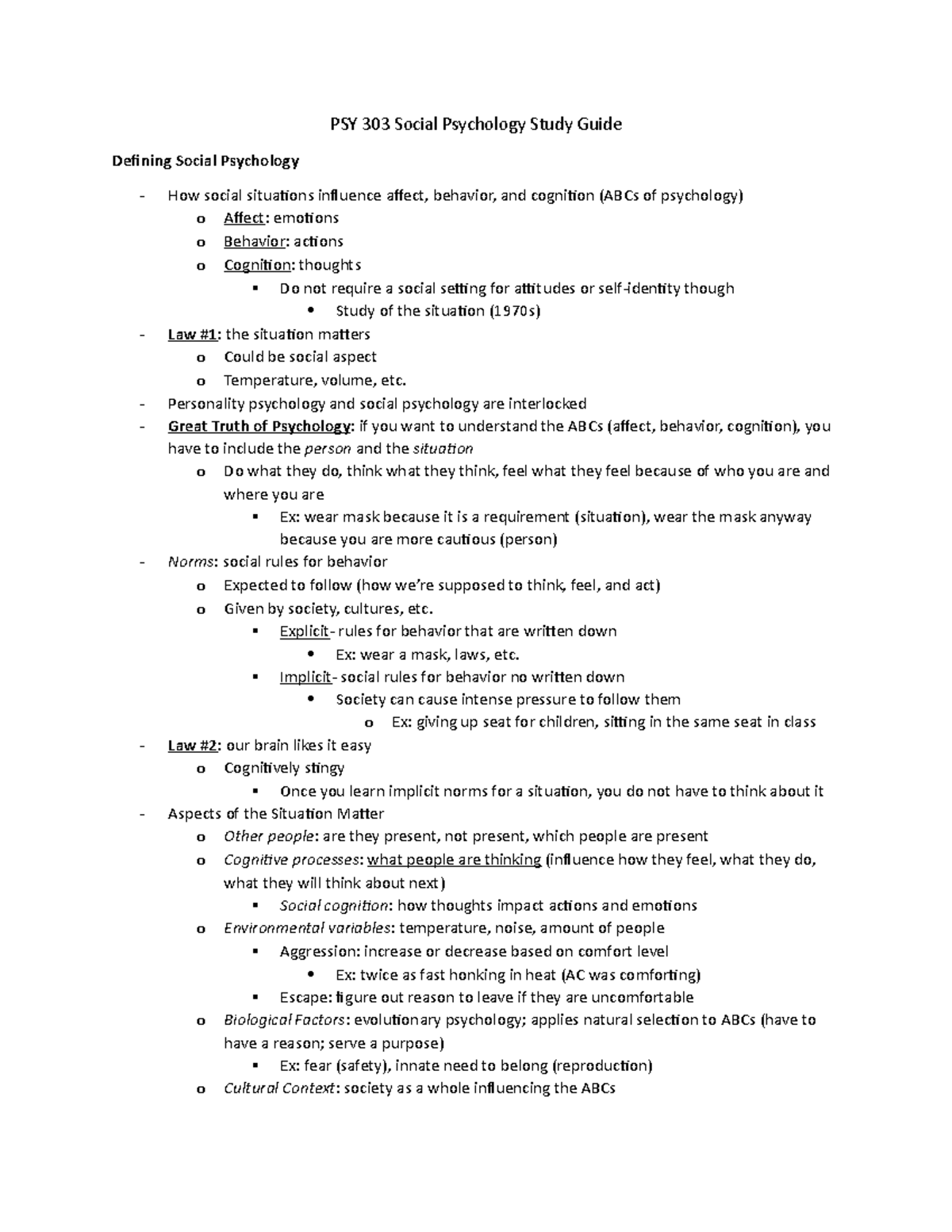 PSY 303 Social Psychology Study Guide Test 1 - PSY 303 - MSU - Studocu
