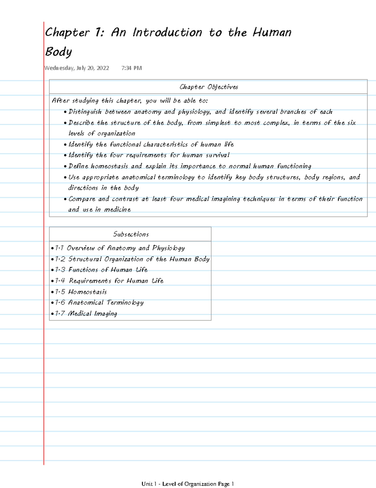 Chapter 1 An Introduction To The Human Body - Chapter Objectives After ...