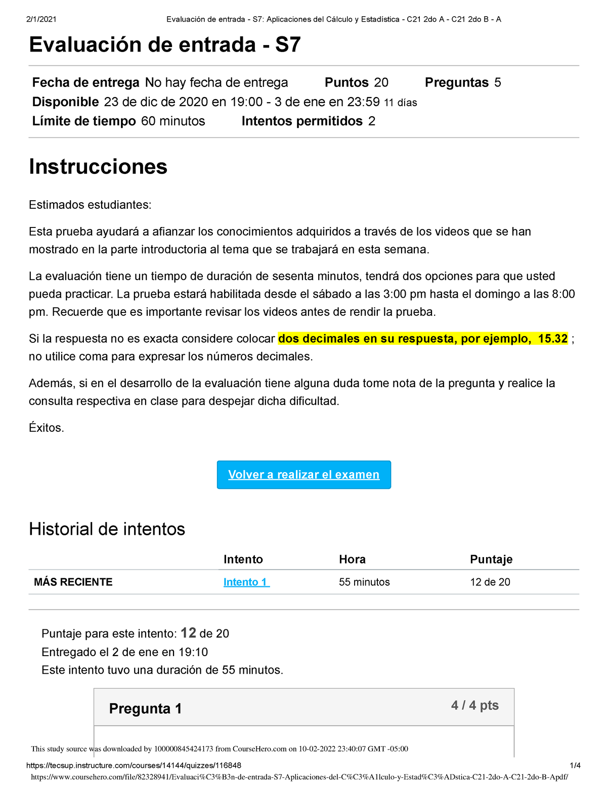 Evaluaci N De Entrada S7 Aplicaciones Del C Lculo Y Estad Stica C21 2do ...