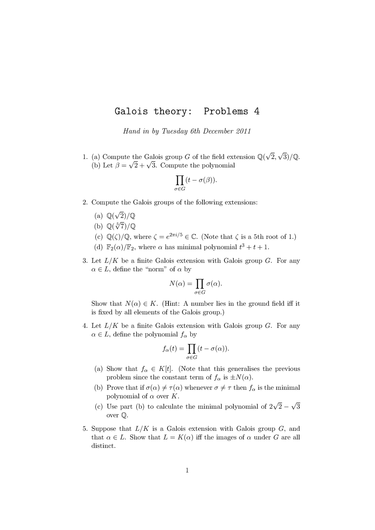 Mathm2700 11 12 Problem Sheet 4 Galois Theory Studocu