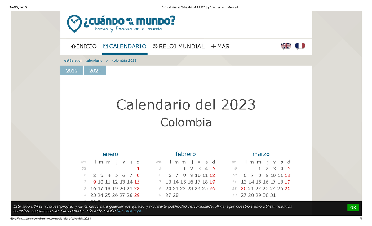 Calendario de Colombia del 2023 ¿Cuándo en el Mundo INICIO CALENDARIO