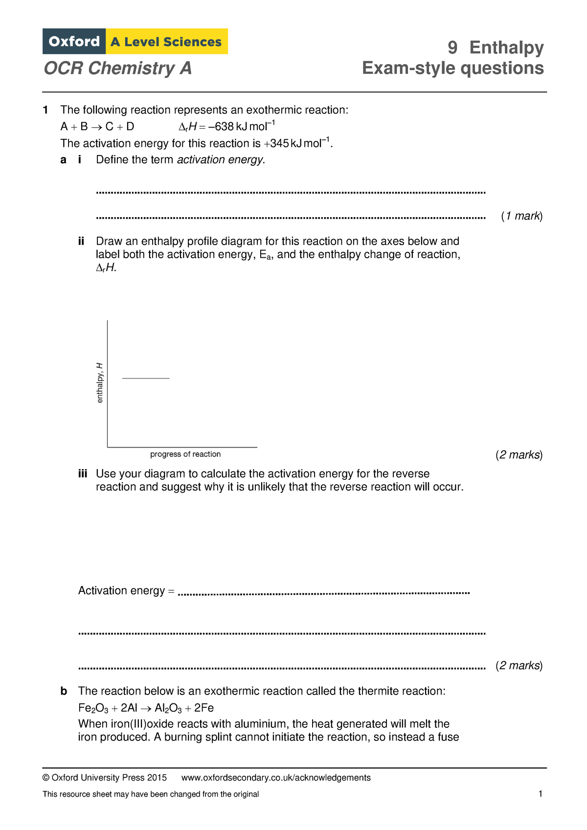 Enthalpy Assignment All Ocr Chemistry A Exam Style Questions © Oxford University Press 2015