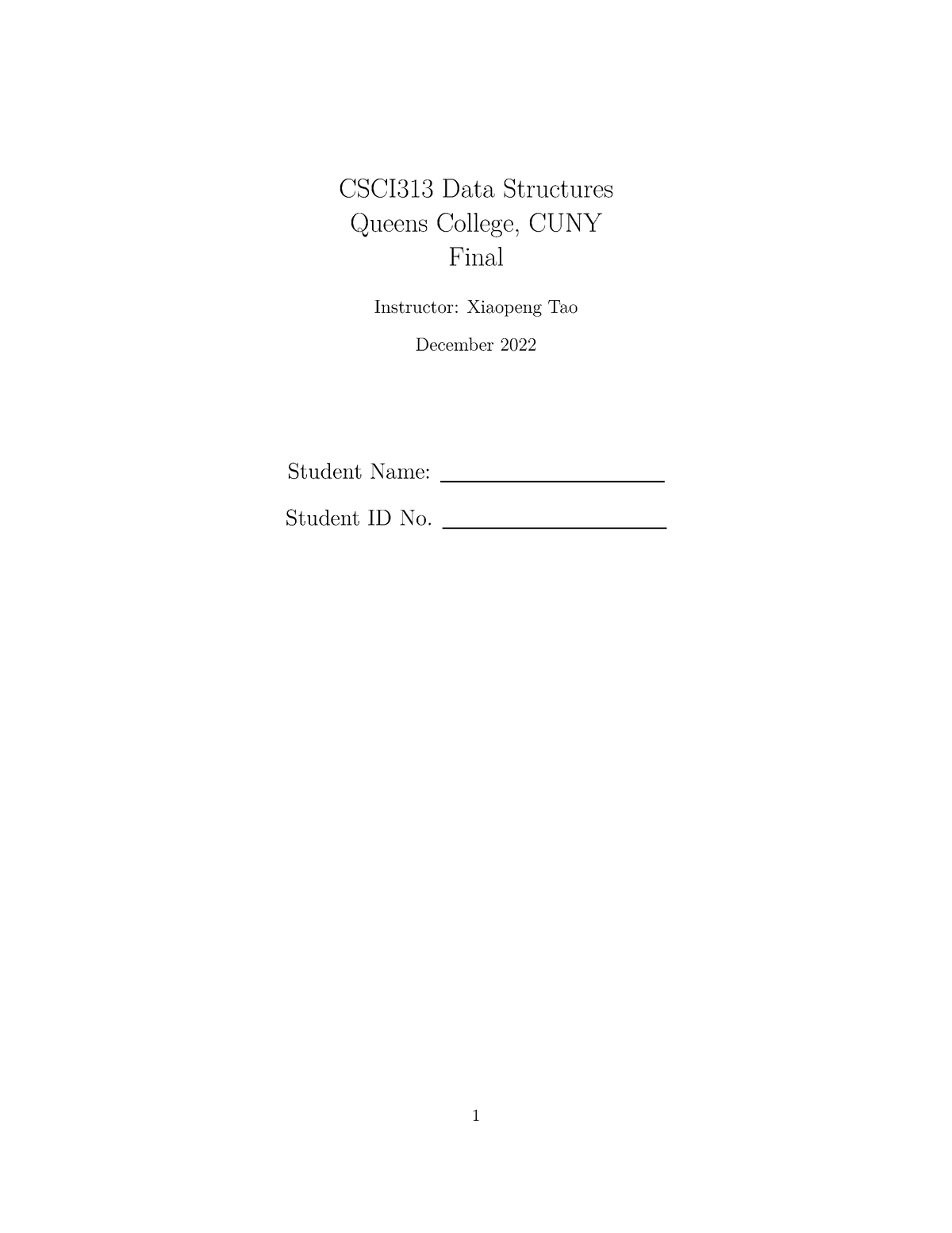 Final 1221 Exam Csci313 Data Structures Queens College Cuny Final