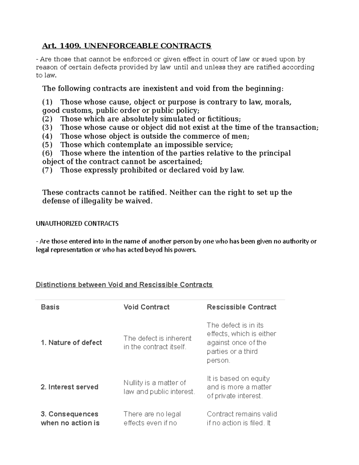 Contracts oblicon sophie - Art. 1409. UNENFORCEABLE CONTRACTS Are those ...