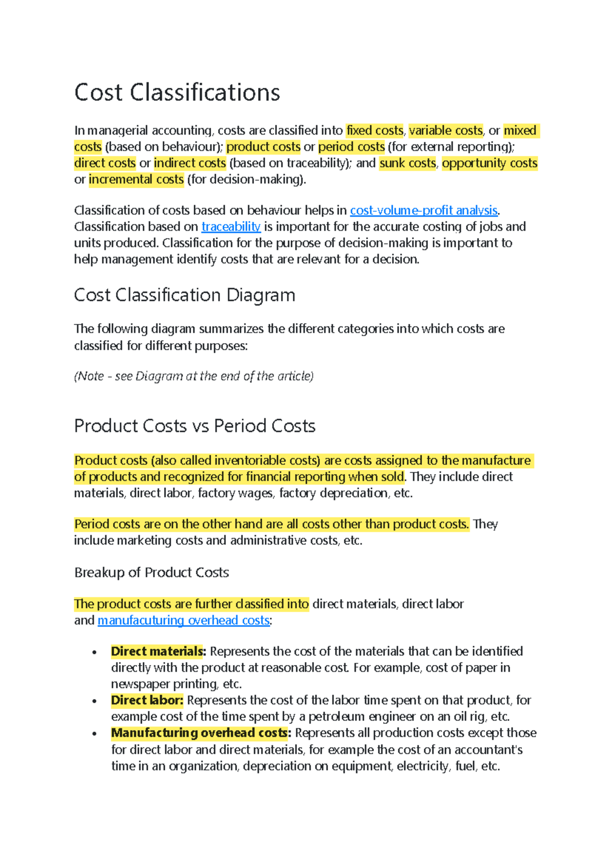 Pre-Reading Cost Classifications - Cost Classifications In managerial ...
