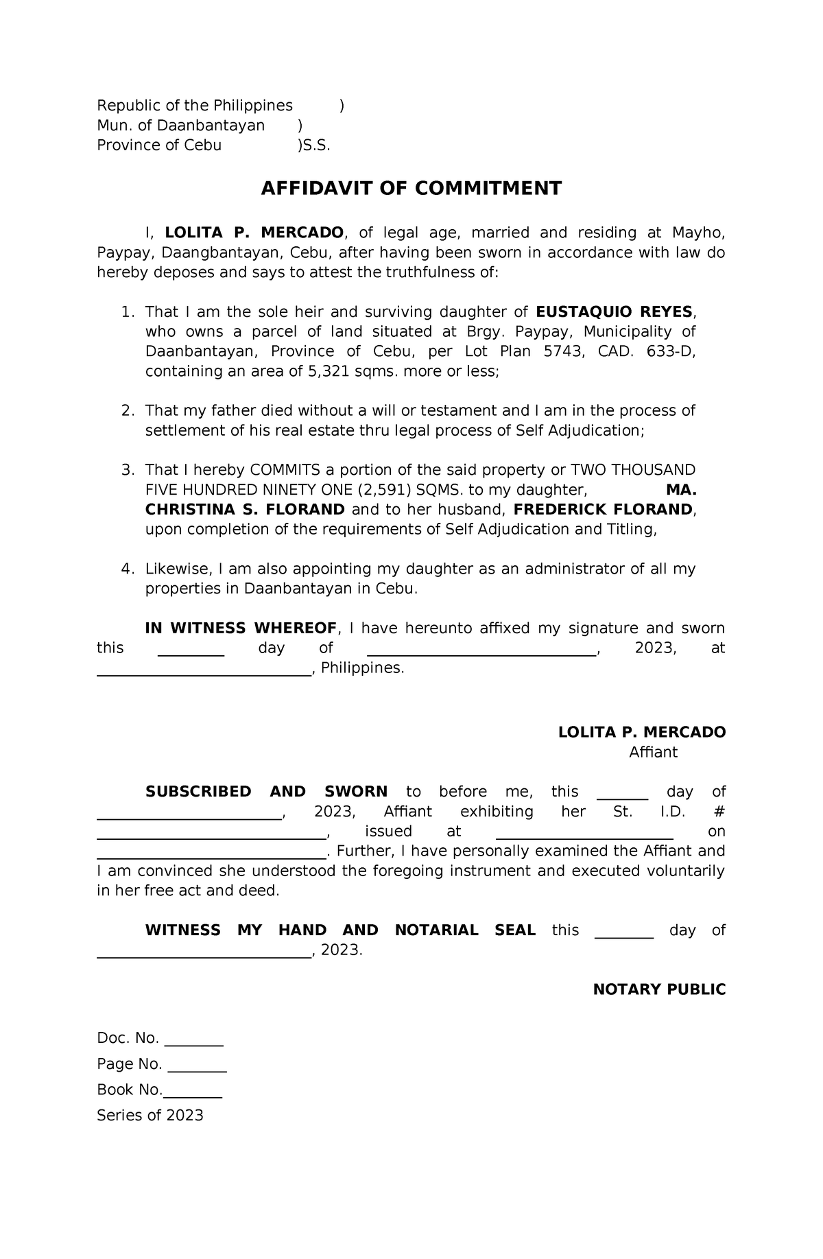 Affidavit of Commitment - Republic of the Philippines ) Mun. of ...