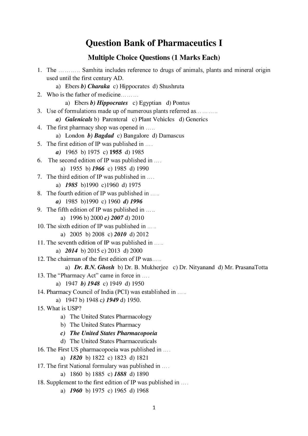 Pharmaceutics I MCQS - B Pharm - Question Bank Of Pharmaceutics I ...