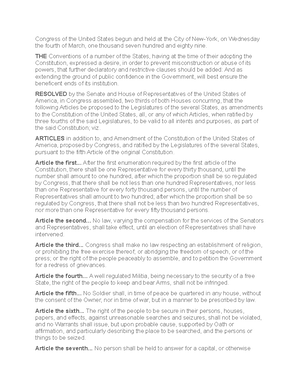 Bill of Rights - Congress of the United States begun and held at the ...