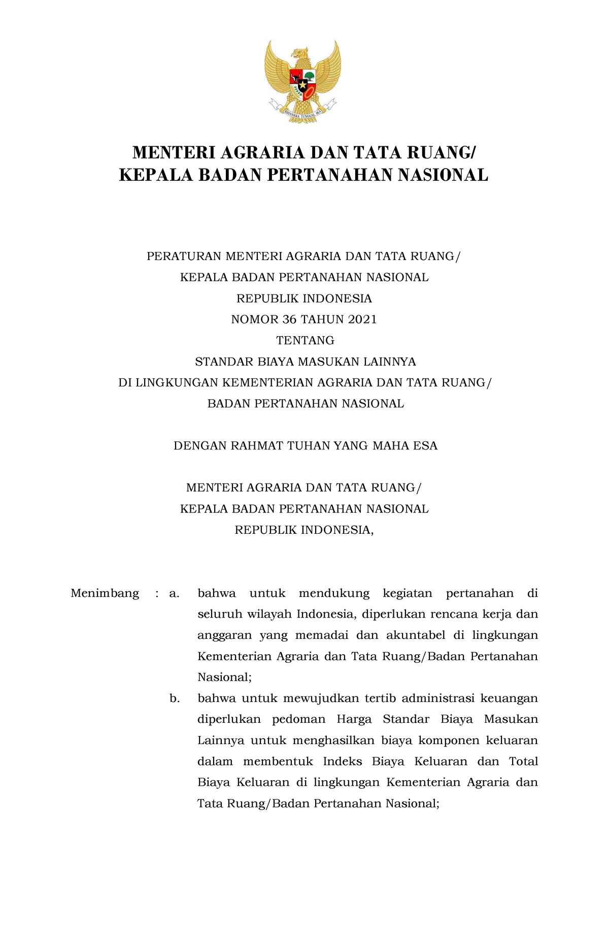 Permen ATR Nomor 36 Tahun 2021 Tengan SBM Lainnya Publikasi - MENTERI ...