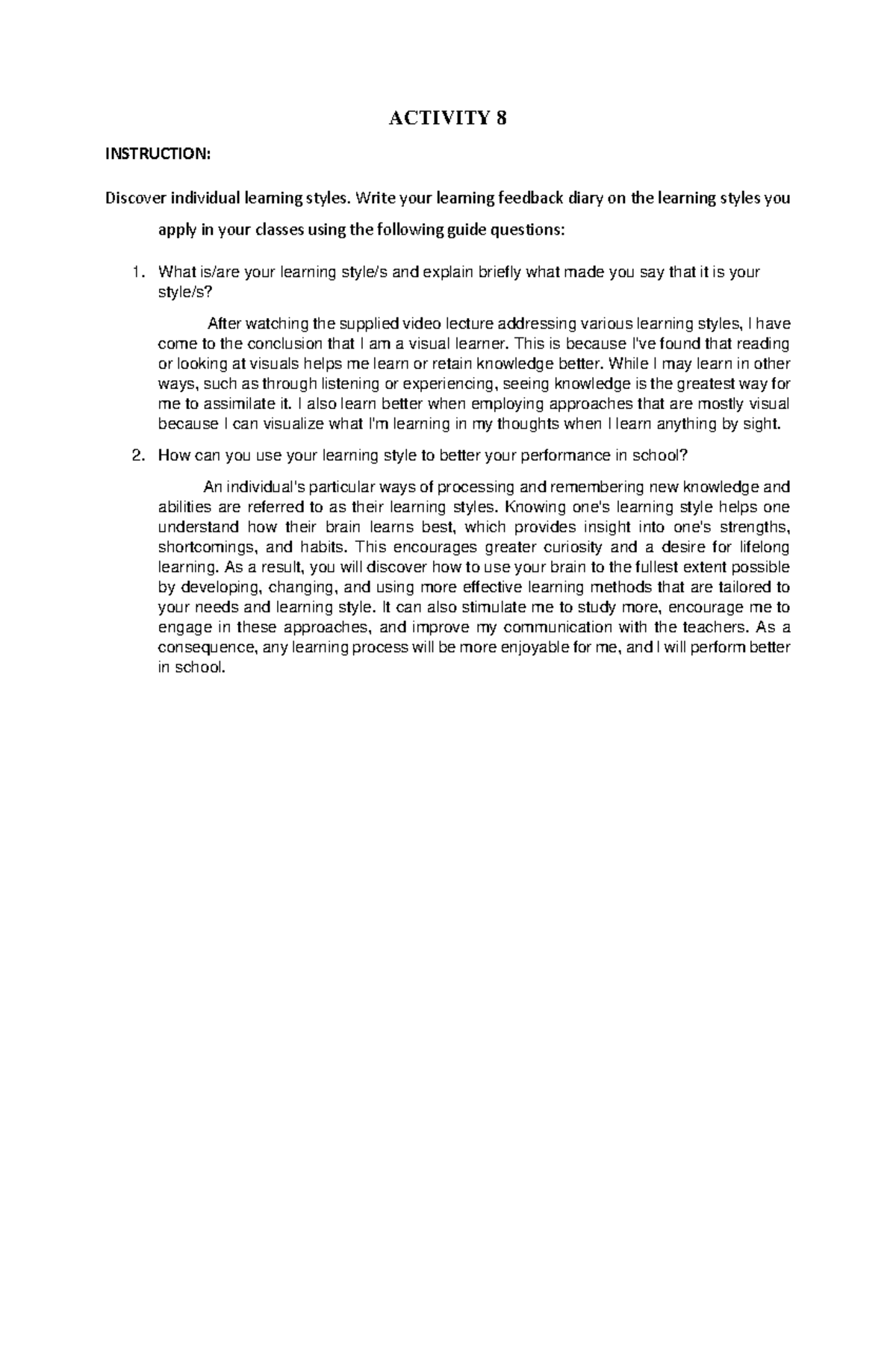 Activity 8 Individual Learning Styles - ACTIVITY 8 INSTRUCTION ...