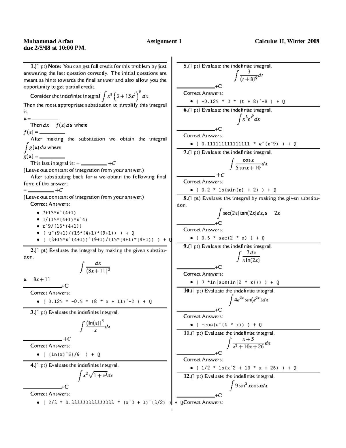 Integral Webwork Pracice - Muhammad Arfan Assignment 1 Calculus II ...
