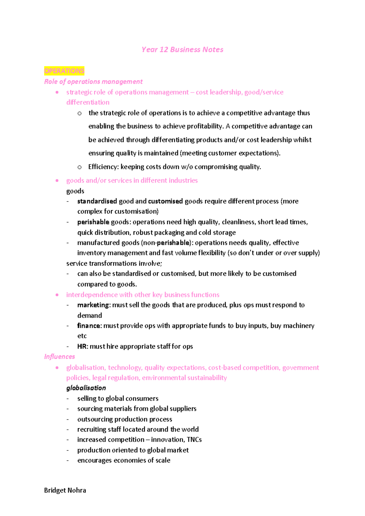 Detailed Notes on Operations - Year 12 Business Notes OPERATIONS Role ...