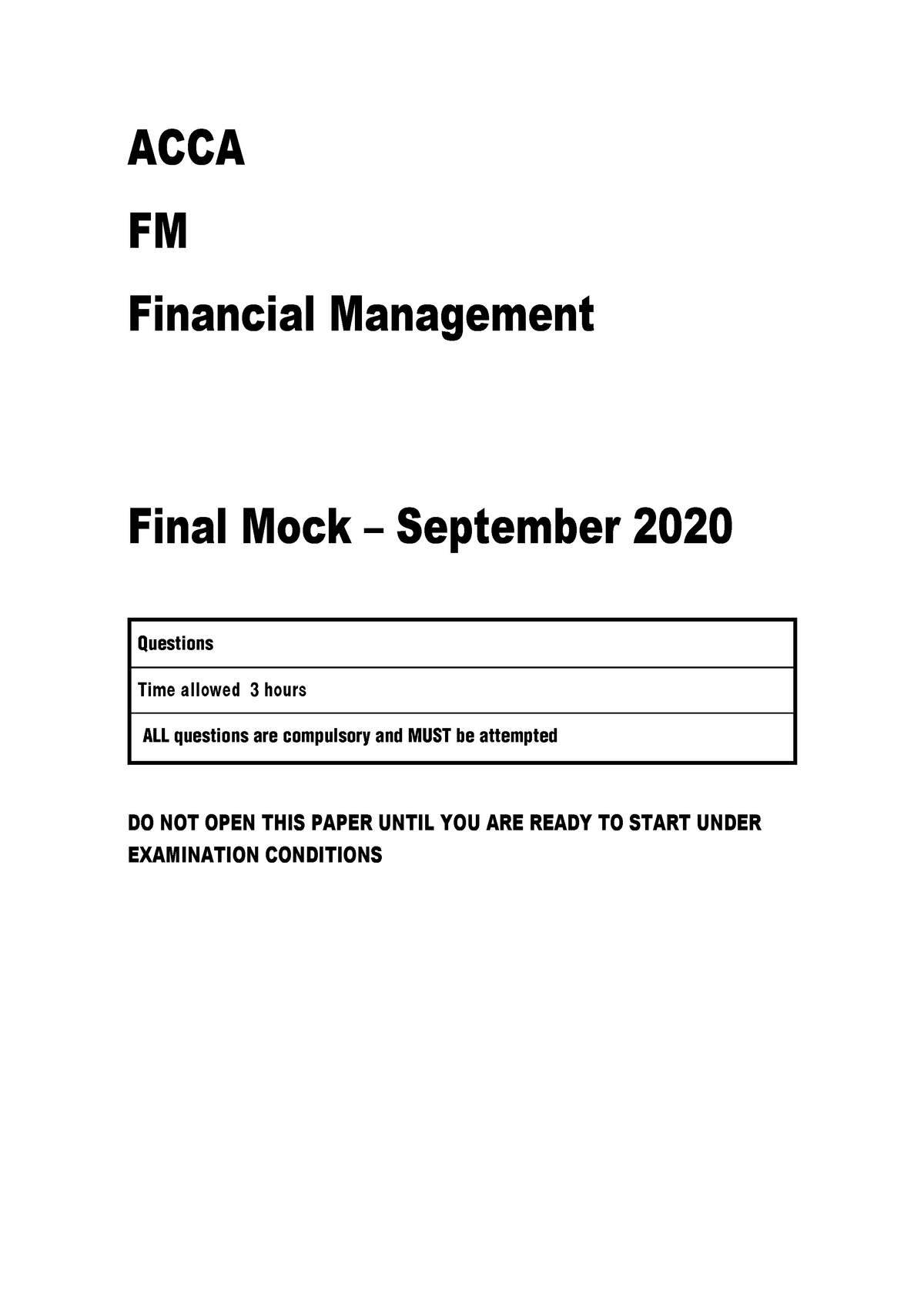 ACCA Financial Management (FM) September Mock Exam Questions 2020 ...