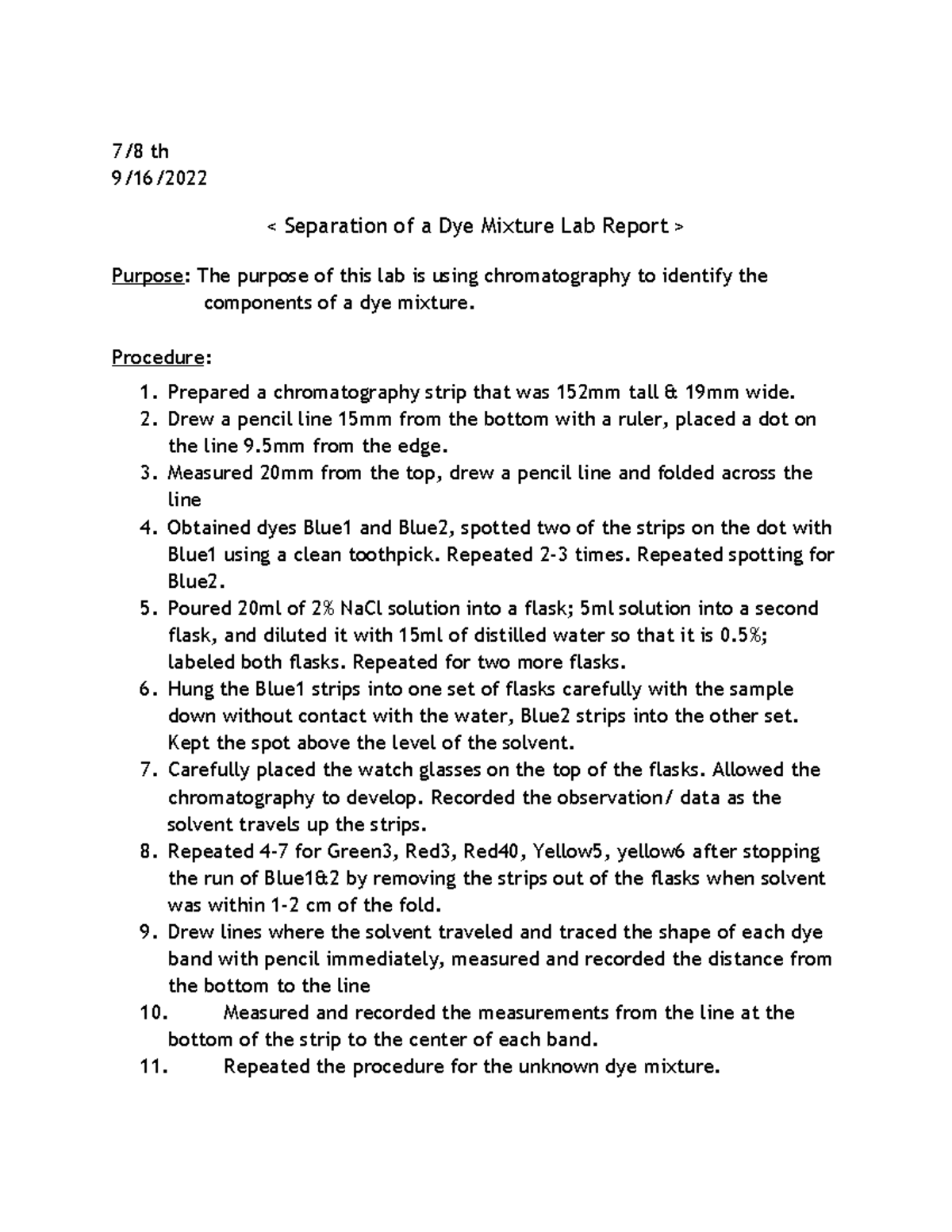 Copy of Dye Lab Report 7/8 th 9/16/ Purpose The Studocu