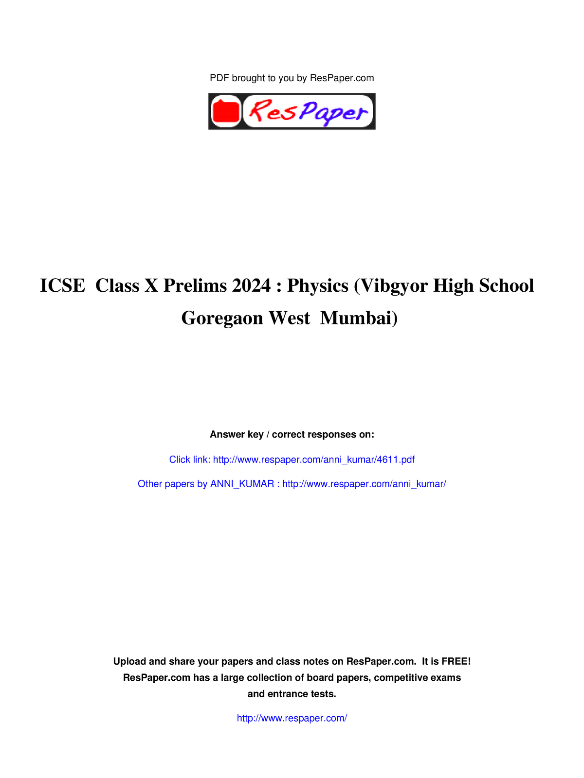 Res Paper ICSE Class X Prelimxxs 2024 Physics (Vibgyor High School ...