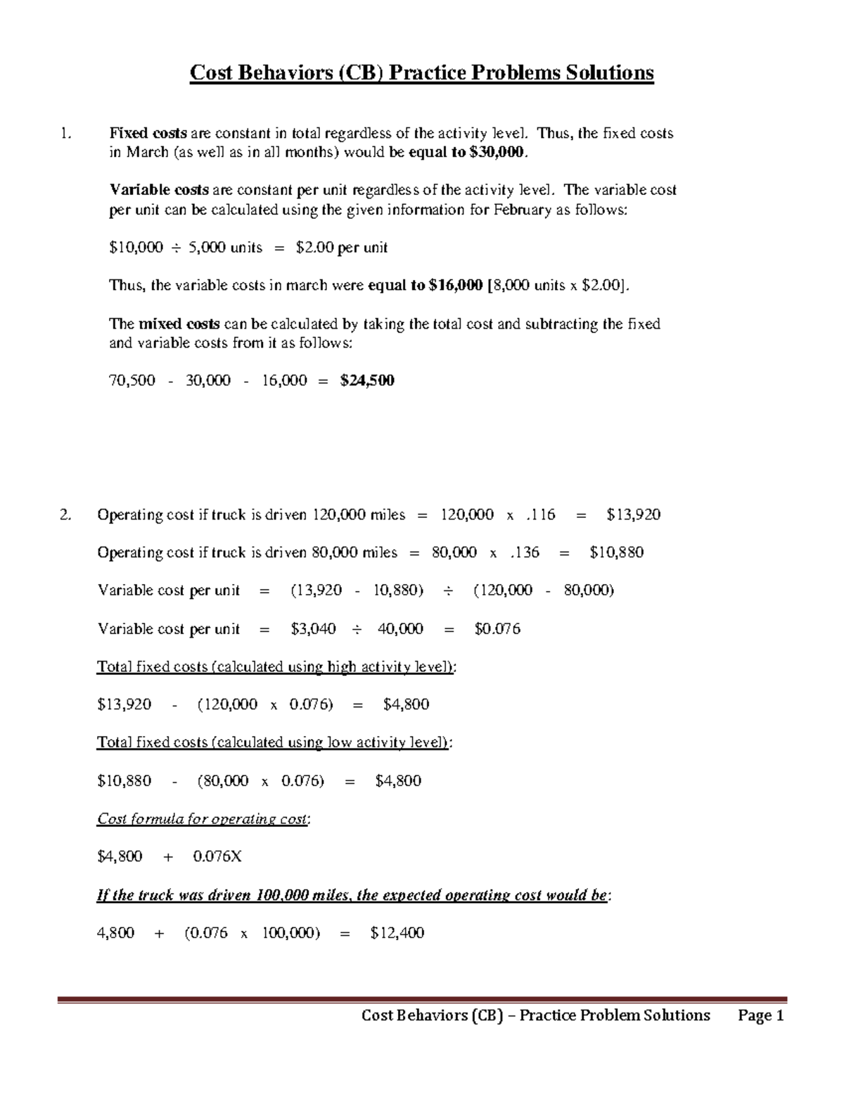 Cost Behavior Practice Solutions - Cost Behaviors (CB) Practice ...