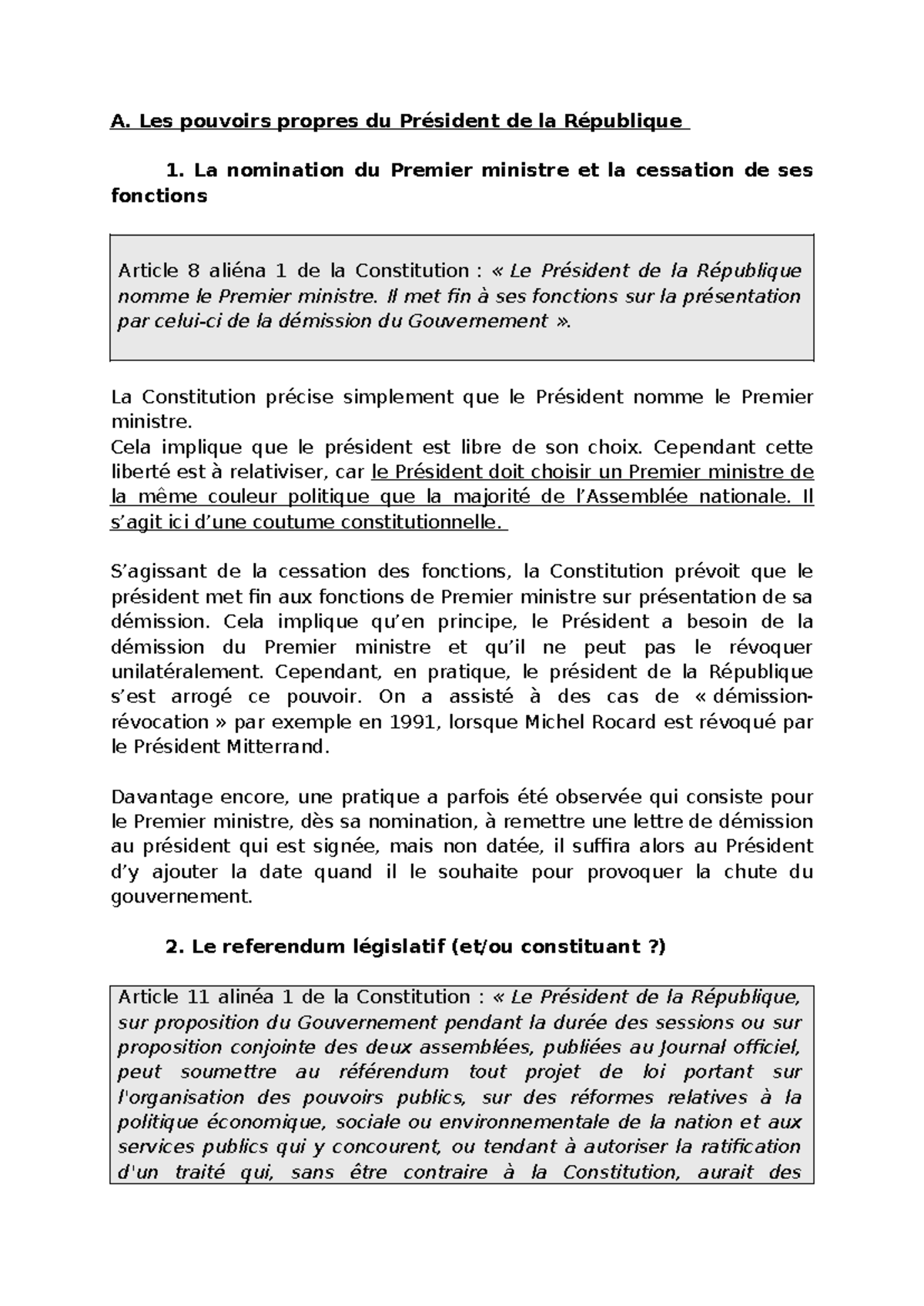 Les pouvoirs propres - A. Les pouvoirs propres du Président de la ...