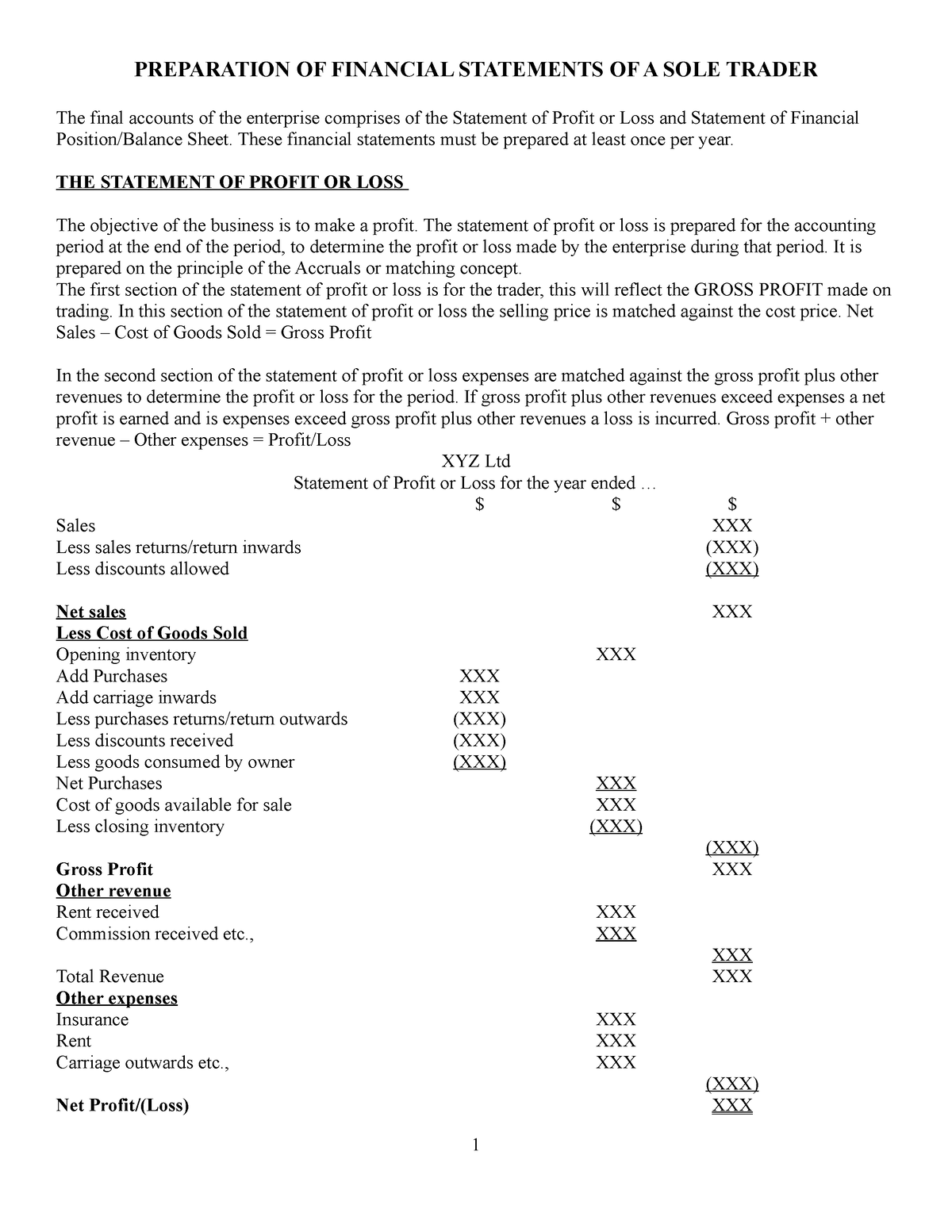 Preparation Of Financial Statement For A Sole Trader Preparation Of Financial Statements Of A 7321