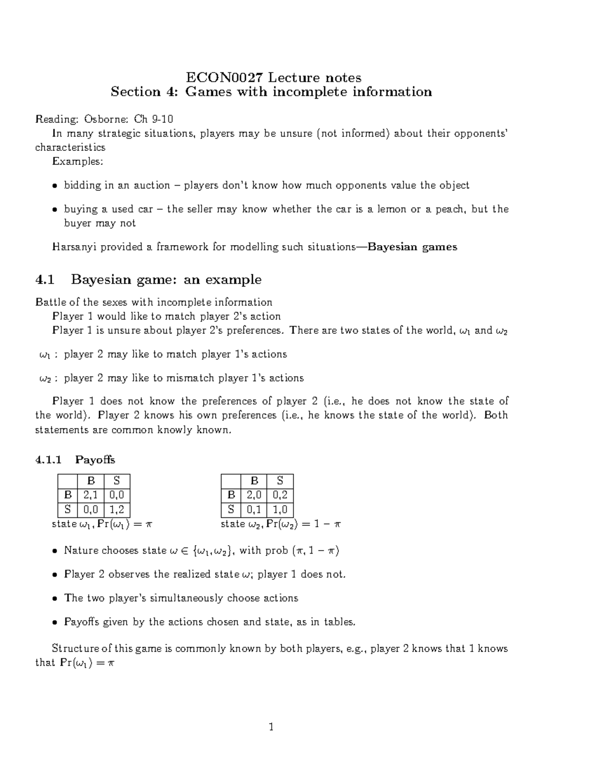 ECON0027Section 4 - ECON0027 Lecture notes Section 4: Games with ...