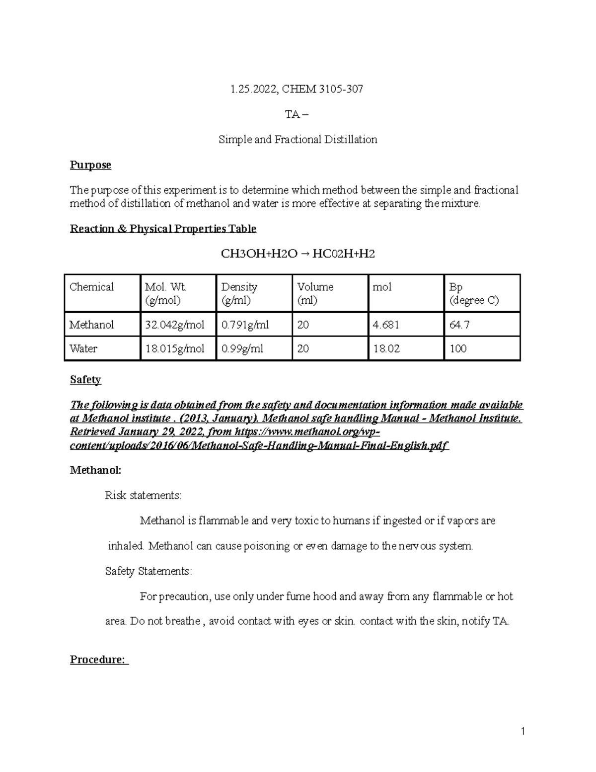 Orgo I lab report 1 - 1.25, CHEM 3105- TA – Simple and Fractional ...