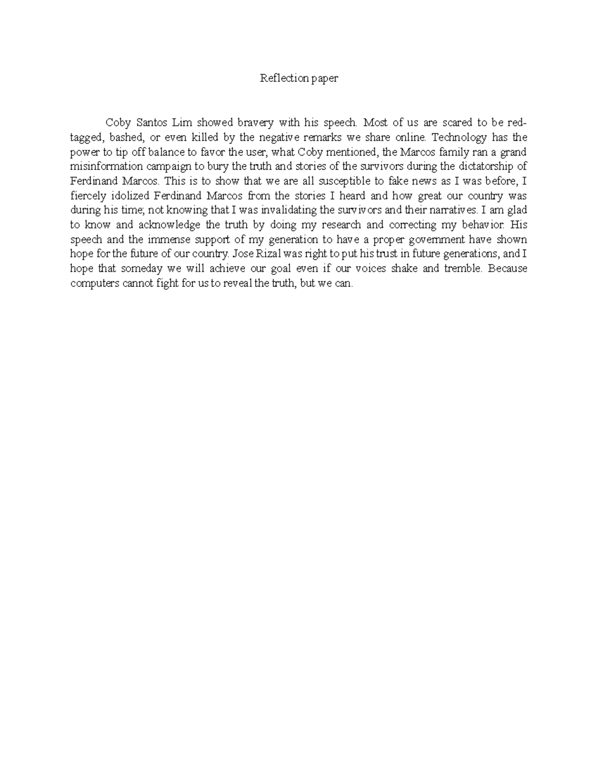 LIVIT reflection paper - Reflection paper Coby Santos Lim showed ...
