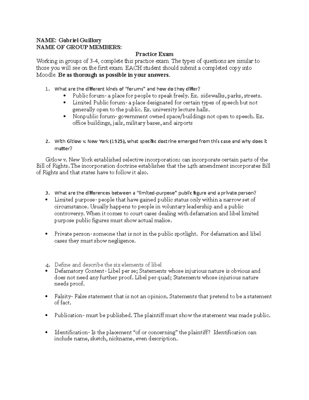 Practice Exam Reading quiz answers NAME Gabriel Guillory NAME OF