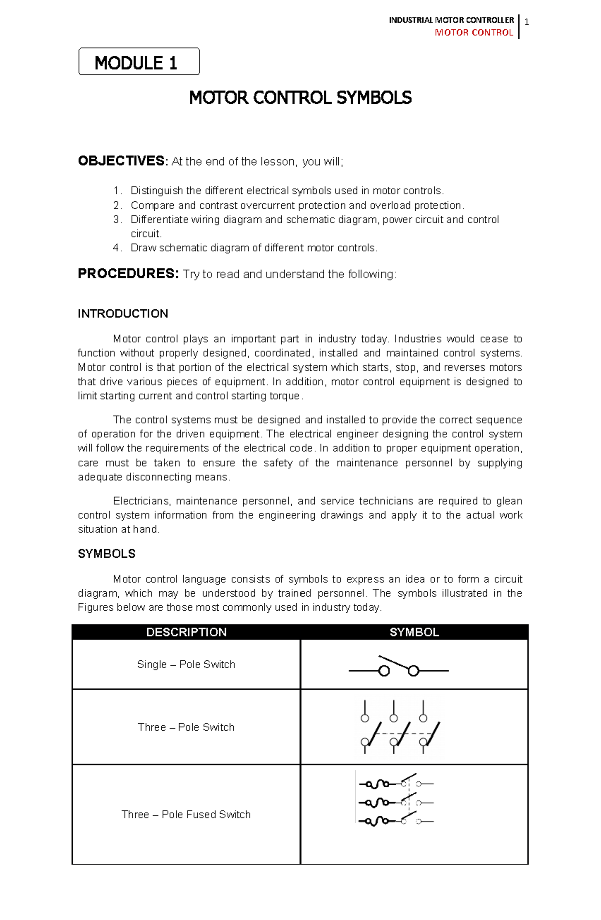 Module 1 Motor Control MOTOR CONTROL 1 MODULE 1 MOTOR CONTROL