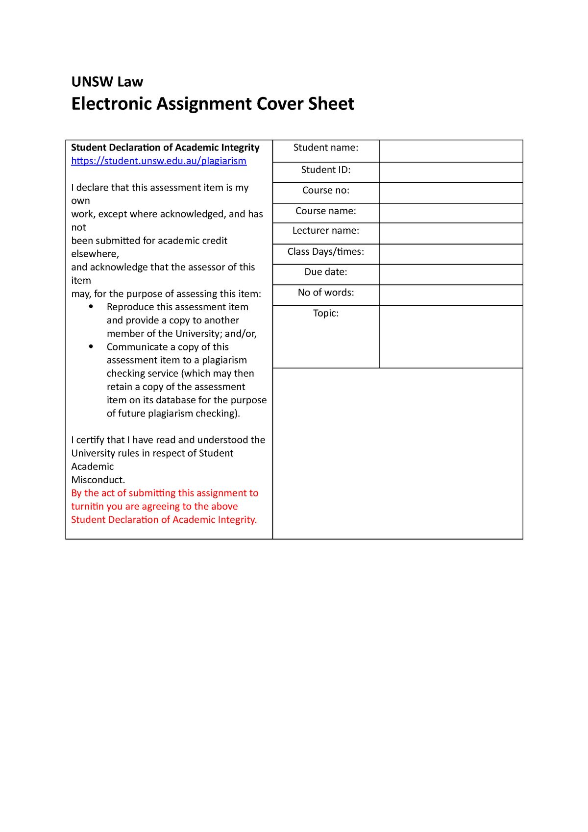 unsw law assignment cover sheet