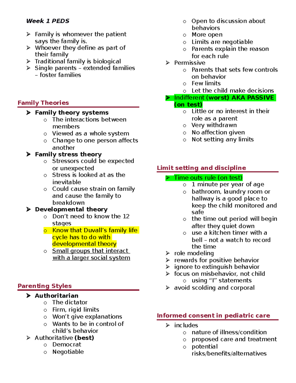 Week 1 notes - n/a - Week 1 PEDS Family is whomever the patient says ...