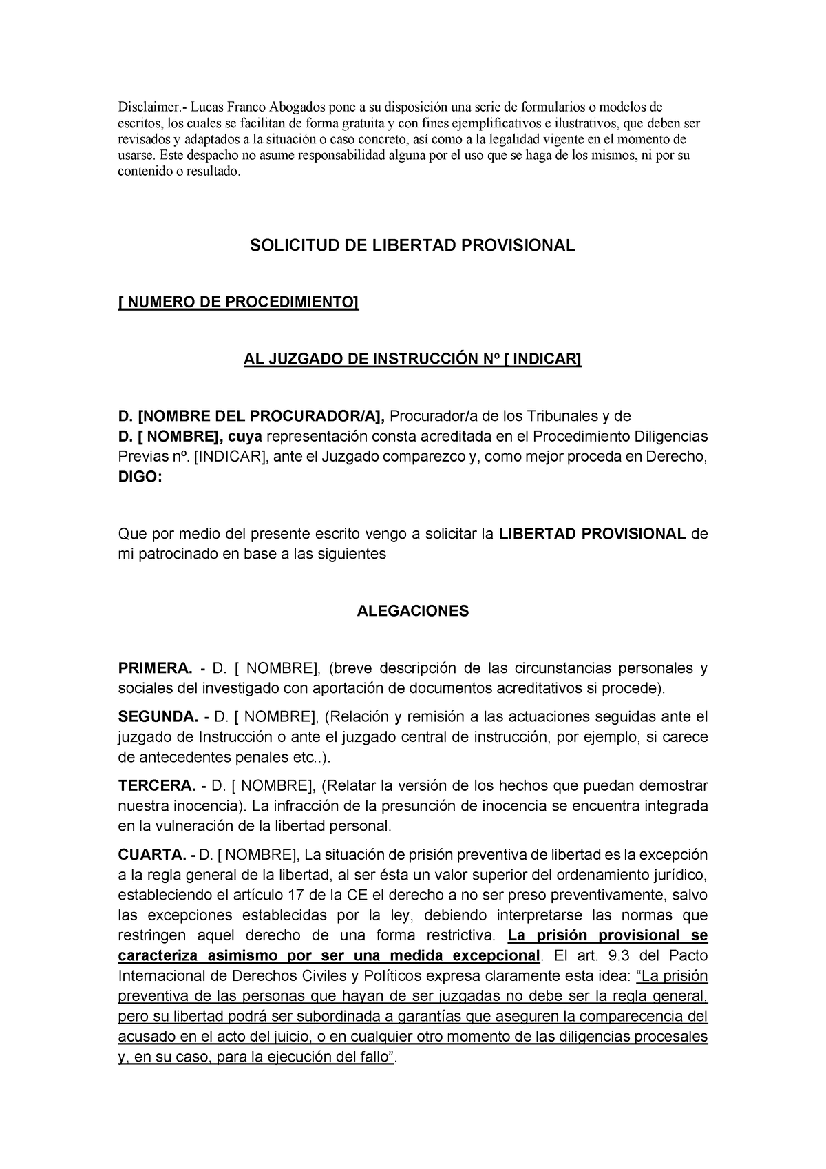 Modelo solicitud libertad provisional  Lucas Franco Abogados  pone a su disposición una - Studocu