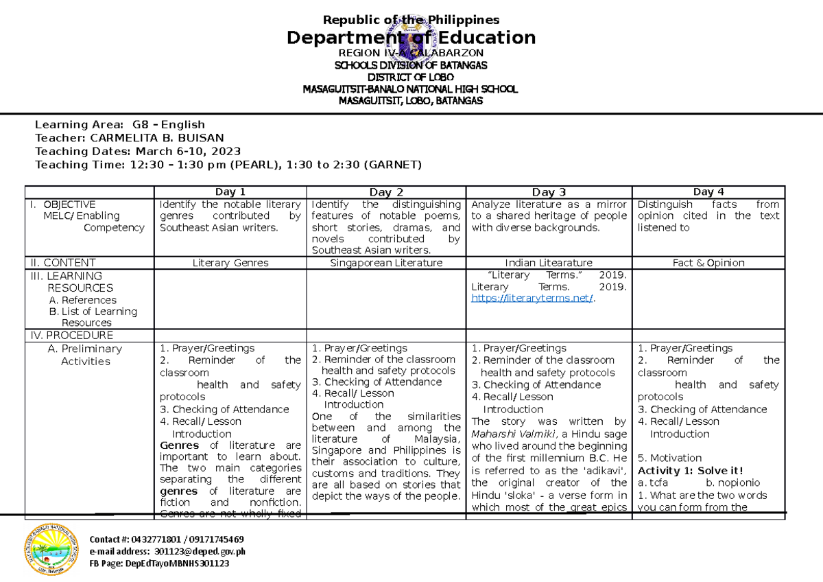 DLL-Q3 W4 - a lesson plan in english - Department of Education REGION ...