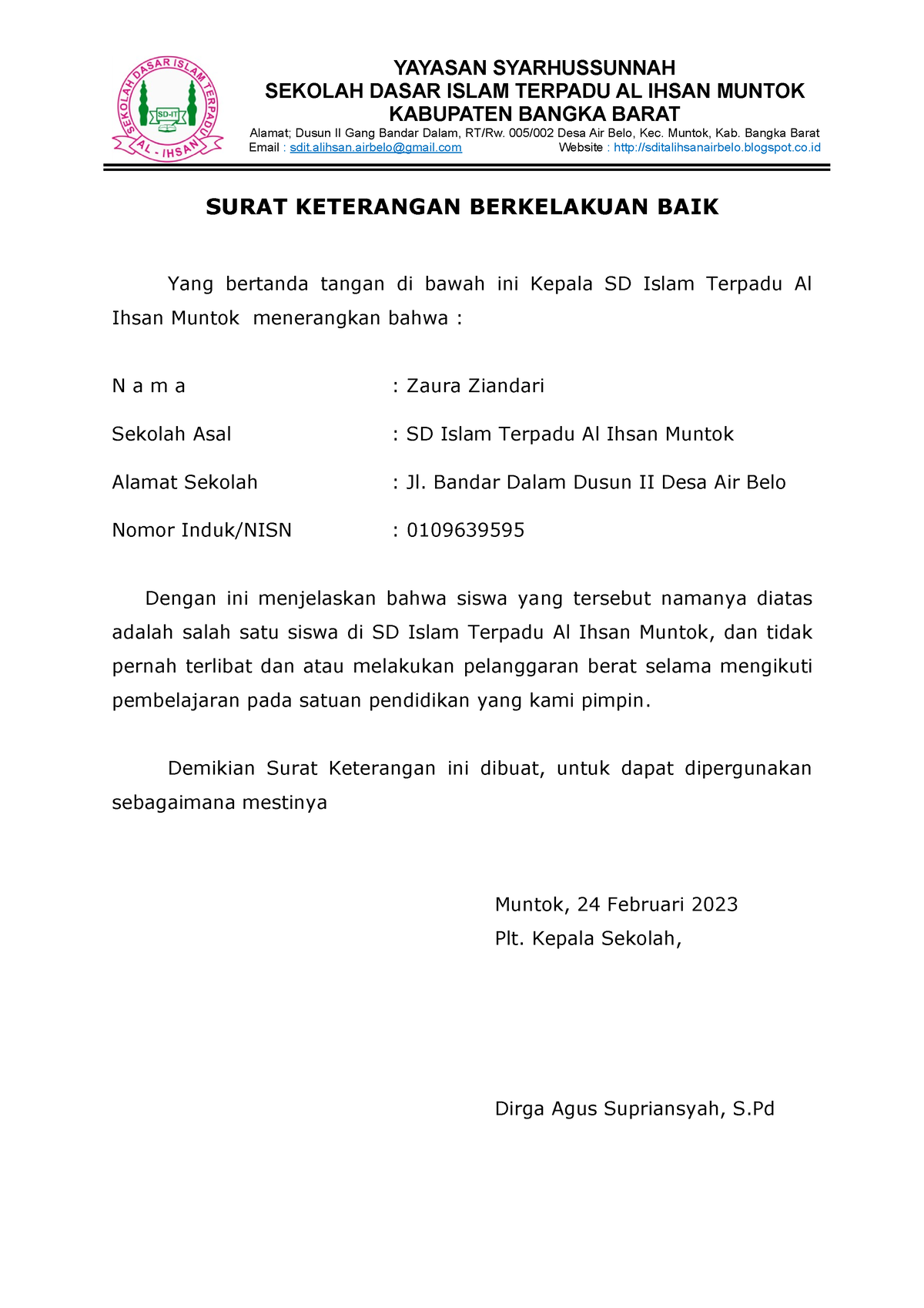 Contoh Surat Kelakuan BAIK Untuk SD KE SMP - YAYASAN SYARHUSSUNNAH ...