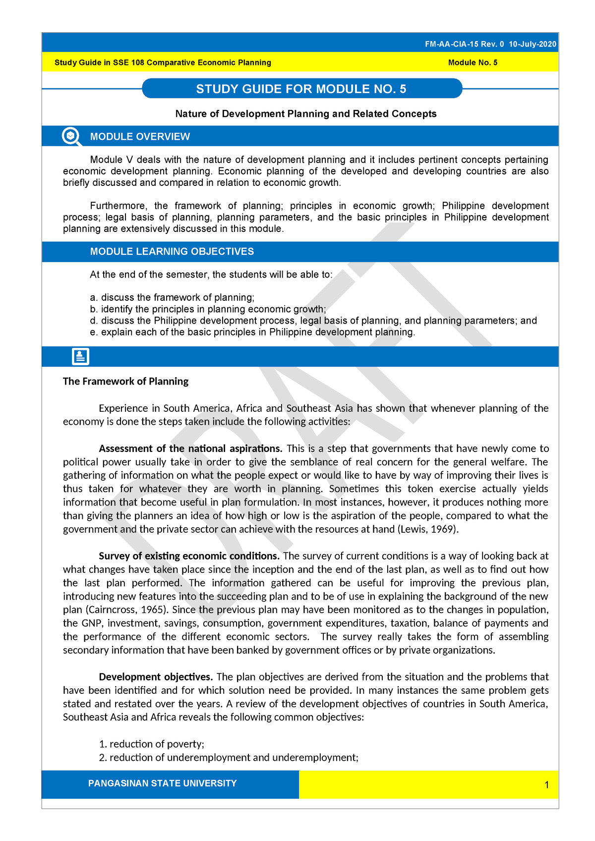 Module 5 Nature of Development Planning - STUDY GUIDE FOR MODULE NO. 5 ...