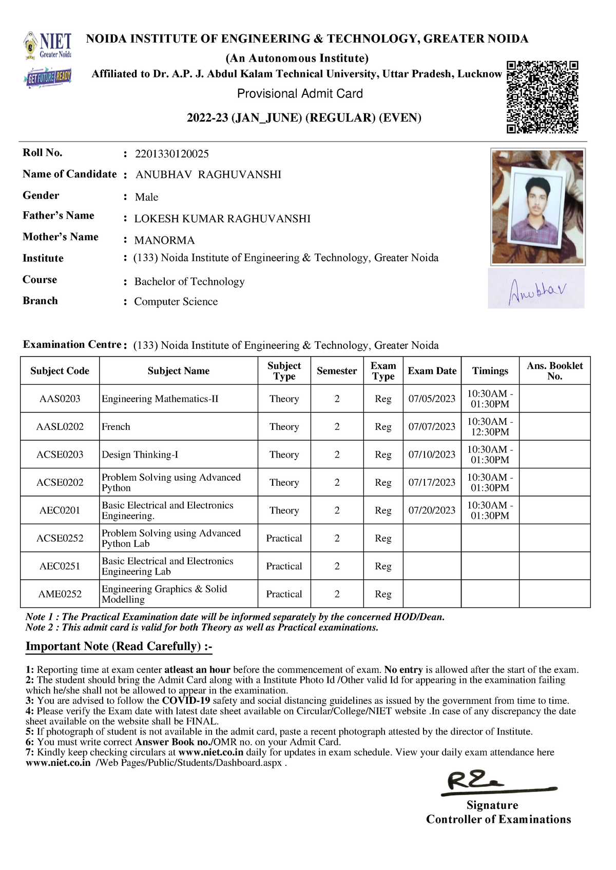 Anubhav - Signature Controller of Examinations Roll No. : Name of ...