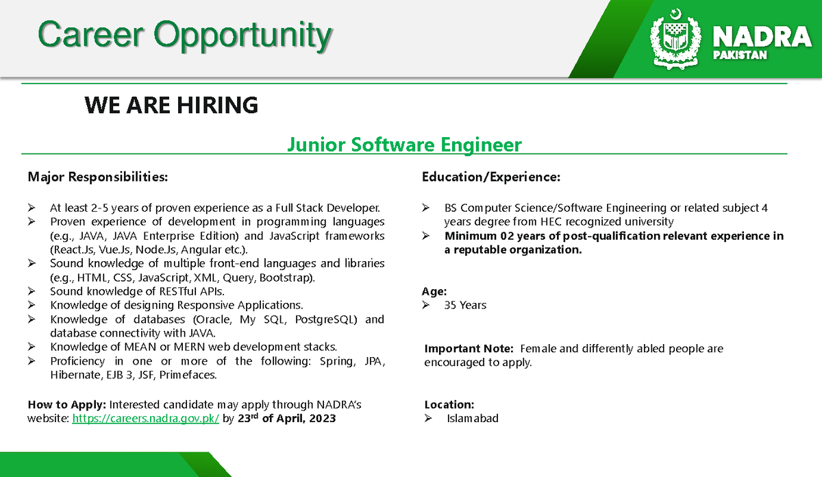 Nadra - Jobs Announcement-5 - WE ARE HIRING Junior Software Engineer ...