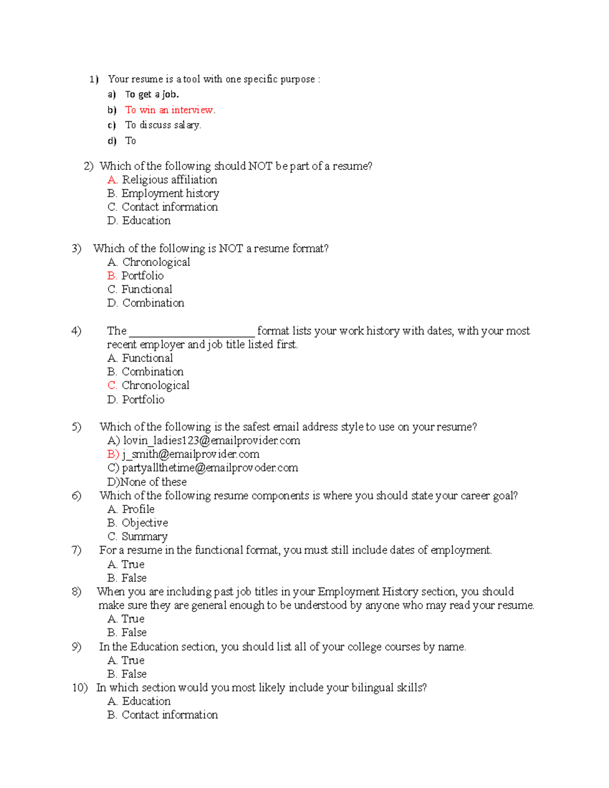 resume writing quiz