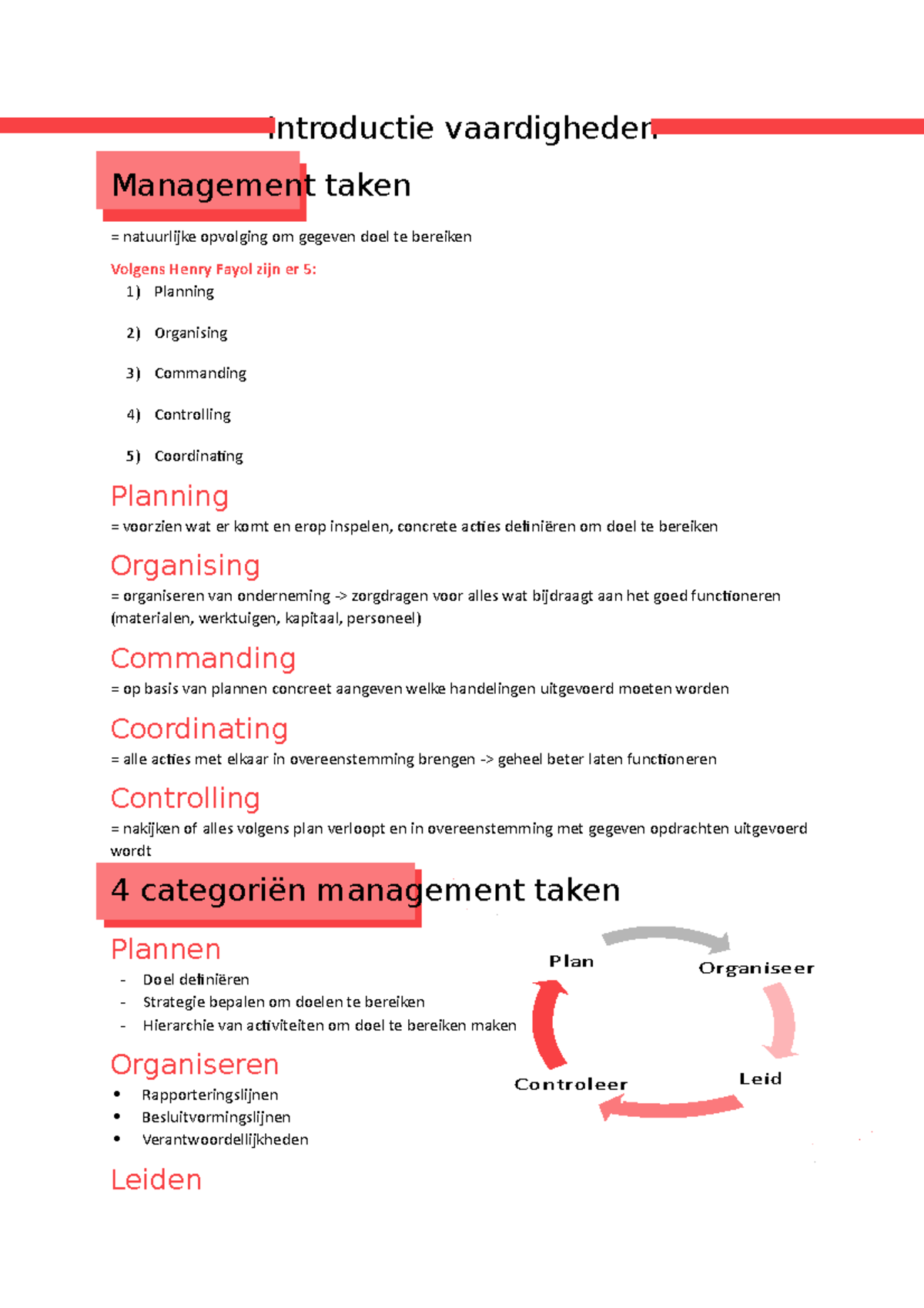 Management 3 Samenvatting - Organiseer Controleer Leid Plan Introductie ...