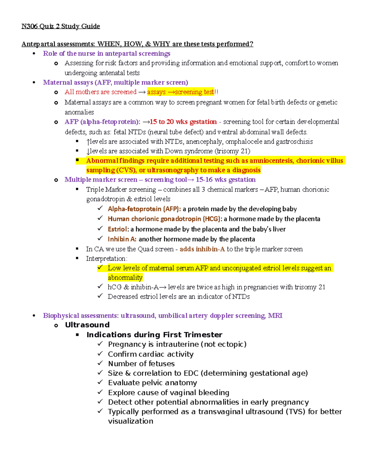 Quiz 2 Study Guide - notes - N306 Quiz 2 Study Guide Antepartal ...