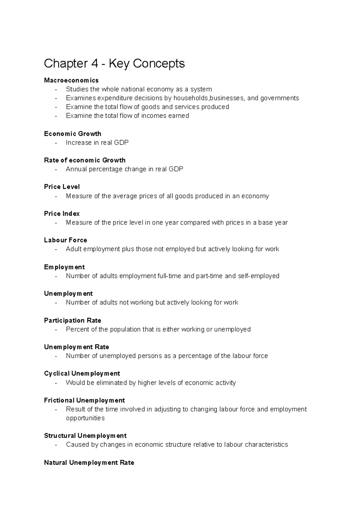 Econ 203 Notes - Chapter 4 - Key Concepts Macroeconomics - Studies the ...