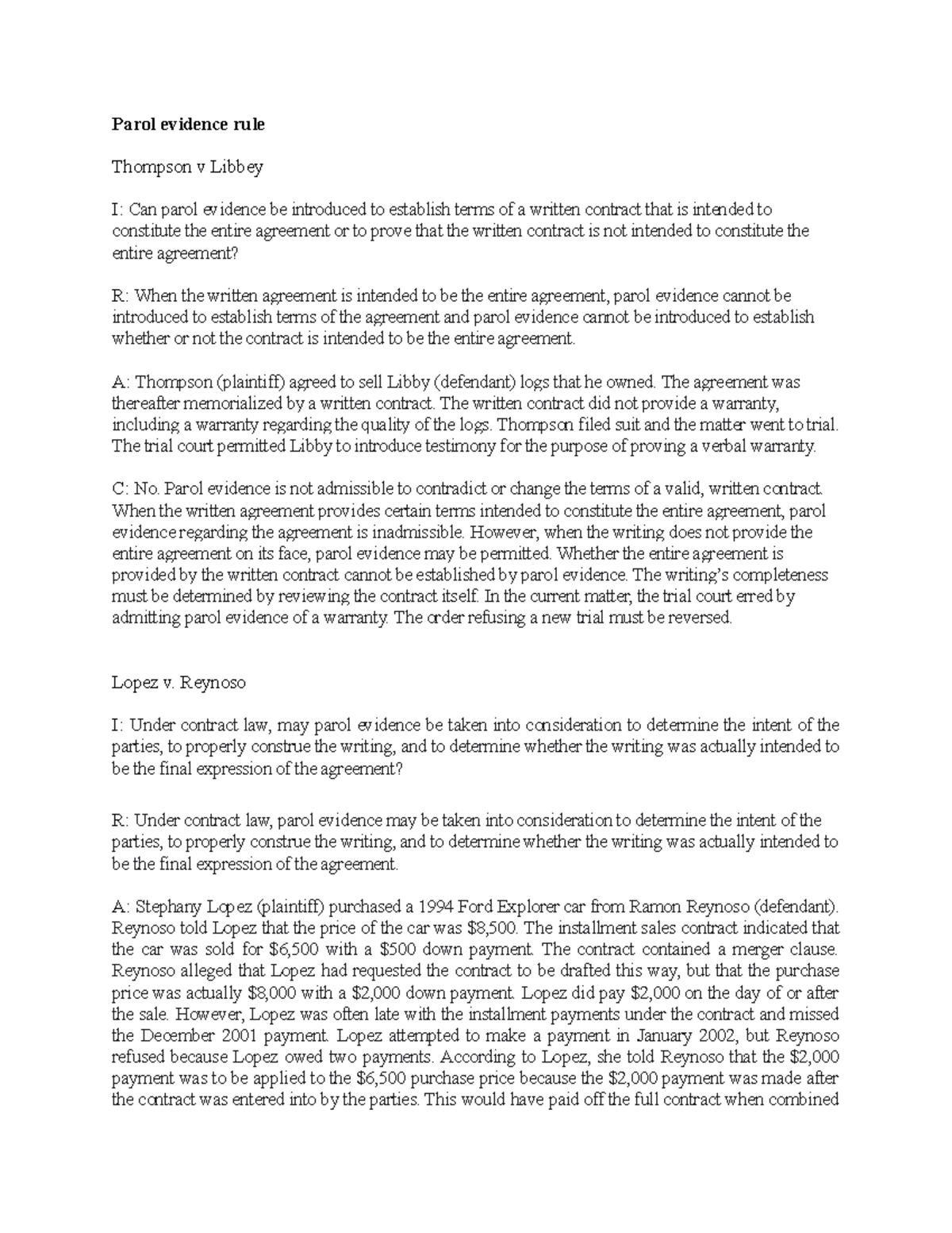 outline full version - Parol evidence rule Thompson v Libbey I: Can ...