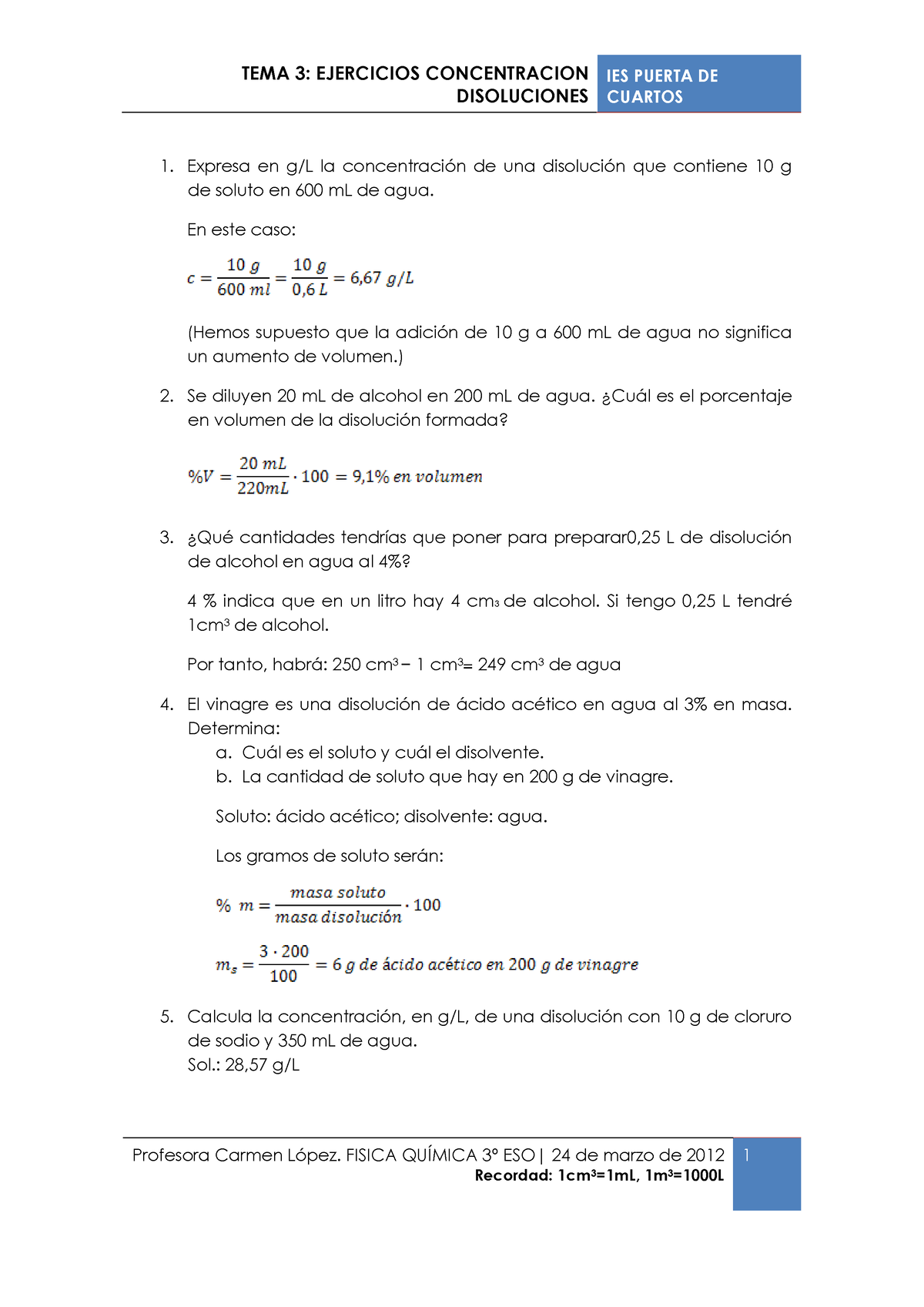 Ejercicios Disoluciones - TEMA 3: EJERCICIOS CONCENTRACION DISOLUCIONES ...