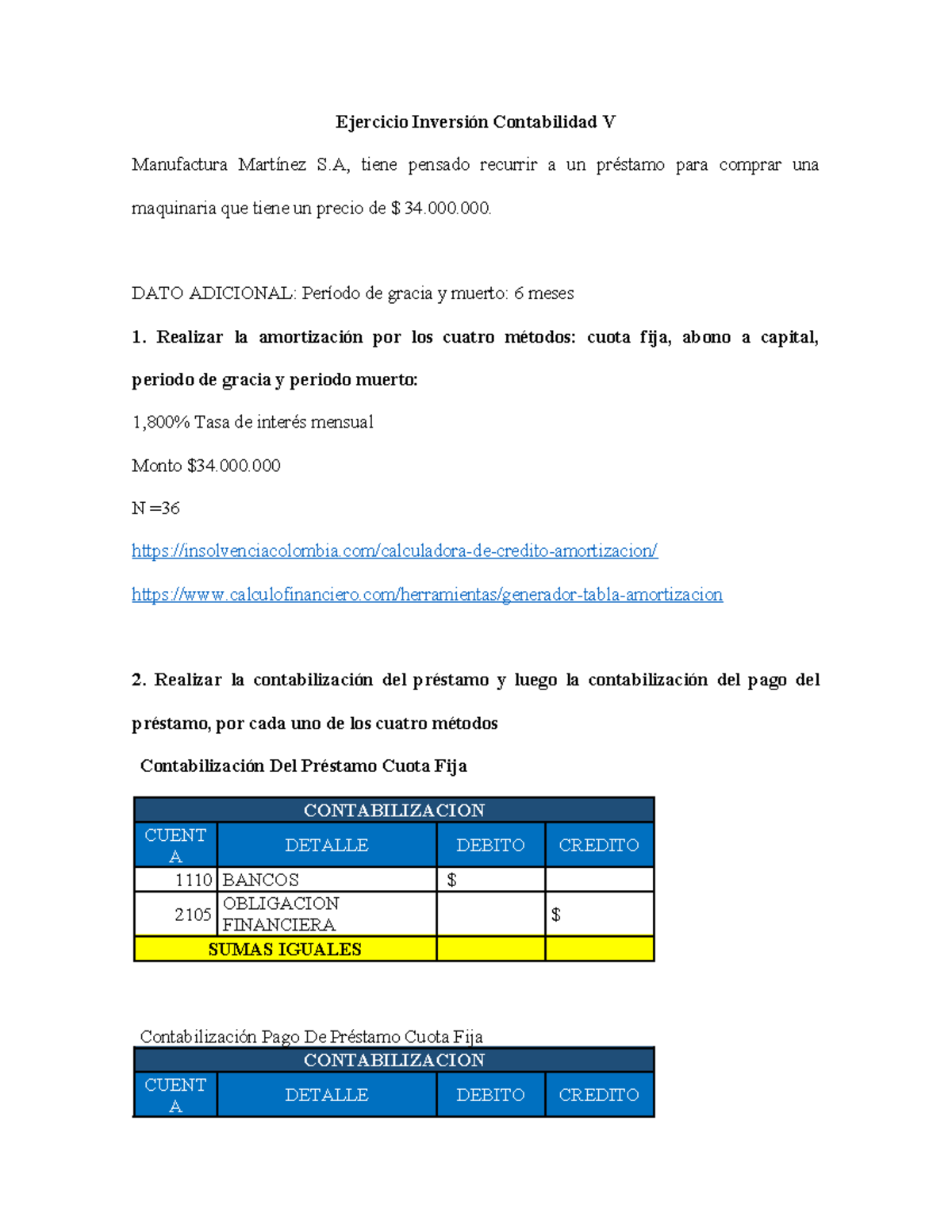 Taller Inversiones Contabilidad V - Ejercicio Inversión Contabilidad V ...