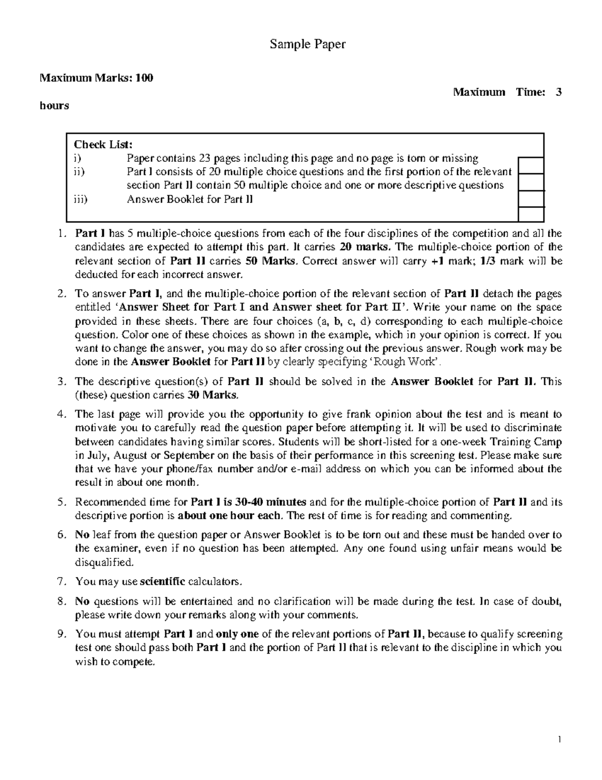 Samplepaper - Maximum Marks: 100 Maximum Time: 3 hours 1. Part I has 5 ...