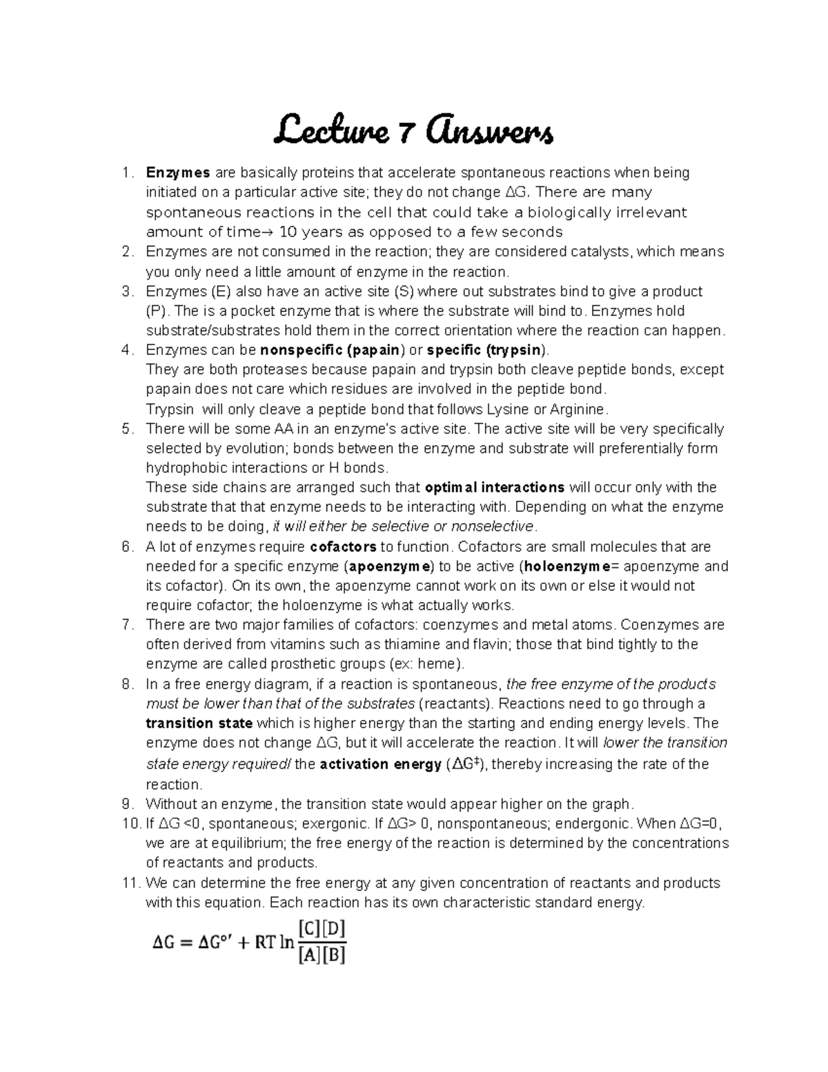 Biochem Answer Sheet Lecture 7 (CH 8) - Lecture 7 Answers Enzymes are ...