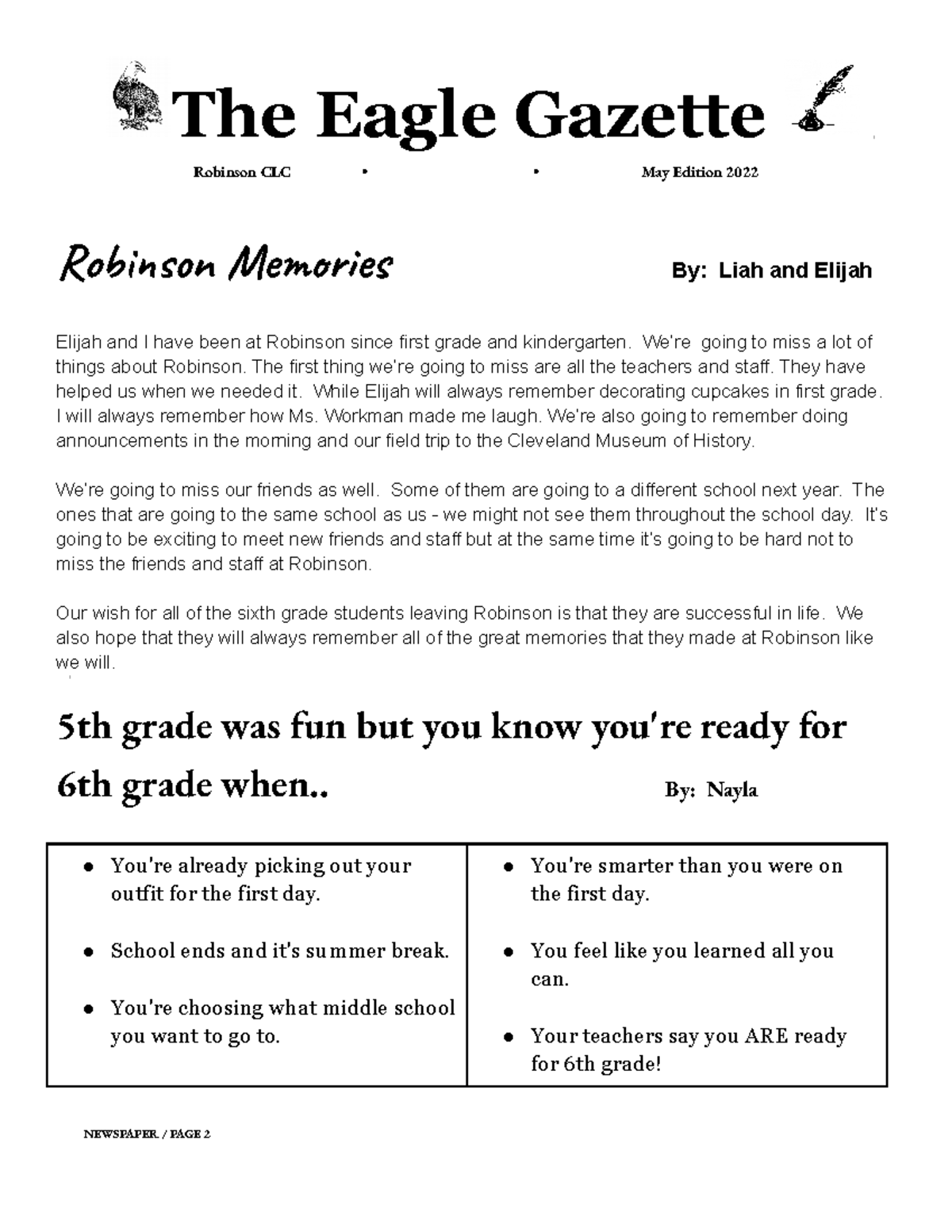 Eagle Gazette May final Edition The Eagle Gazette Robinson CLC