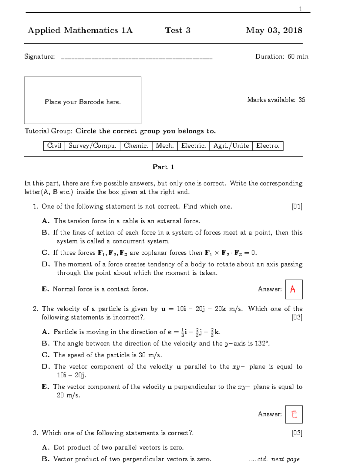 AMatht 3memo - solutions - 1 Applied Mathematics 1A Test 3 Signature ...